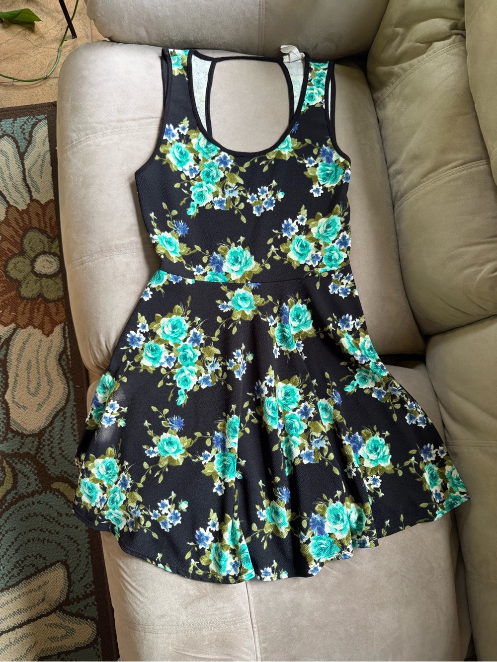 Floral Black & Teal Mini Skater Dress